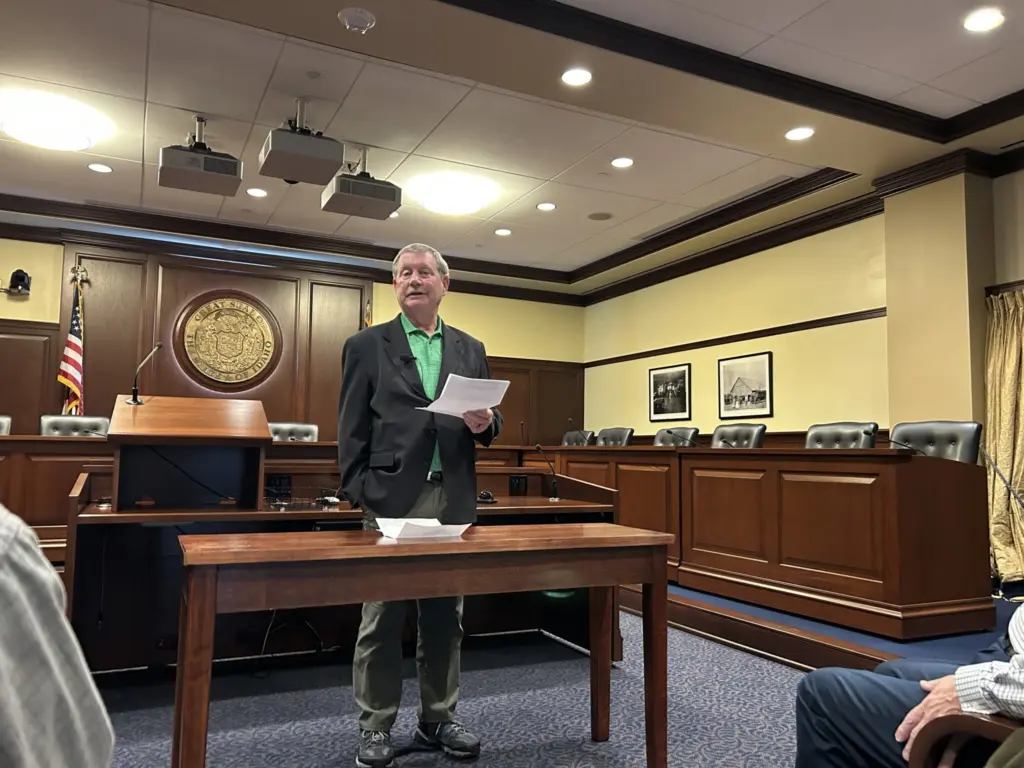 Former Boise Police Chief Mike Masterson, spokesperson for a new nonprofit called the Retired Public Employees of Idaho, says Idaho’s bumps to retirement pension pay haven’t kept up with rising living costs. The group held a news conference Thursday, Oct. 30, 2025, in the Idaho State Capitol. (Photo by Kyle Pfannenstiel/Idaho Capital Sun)