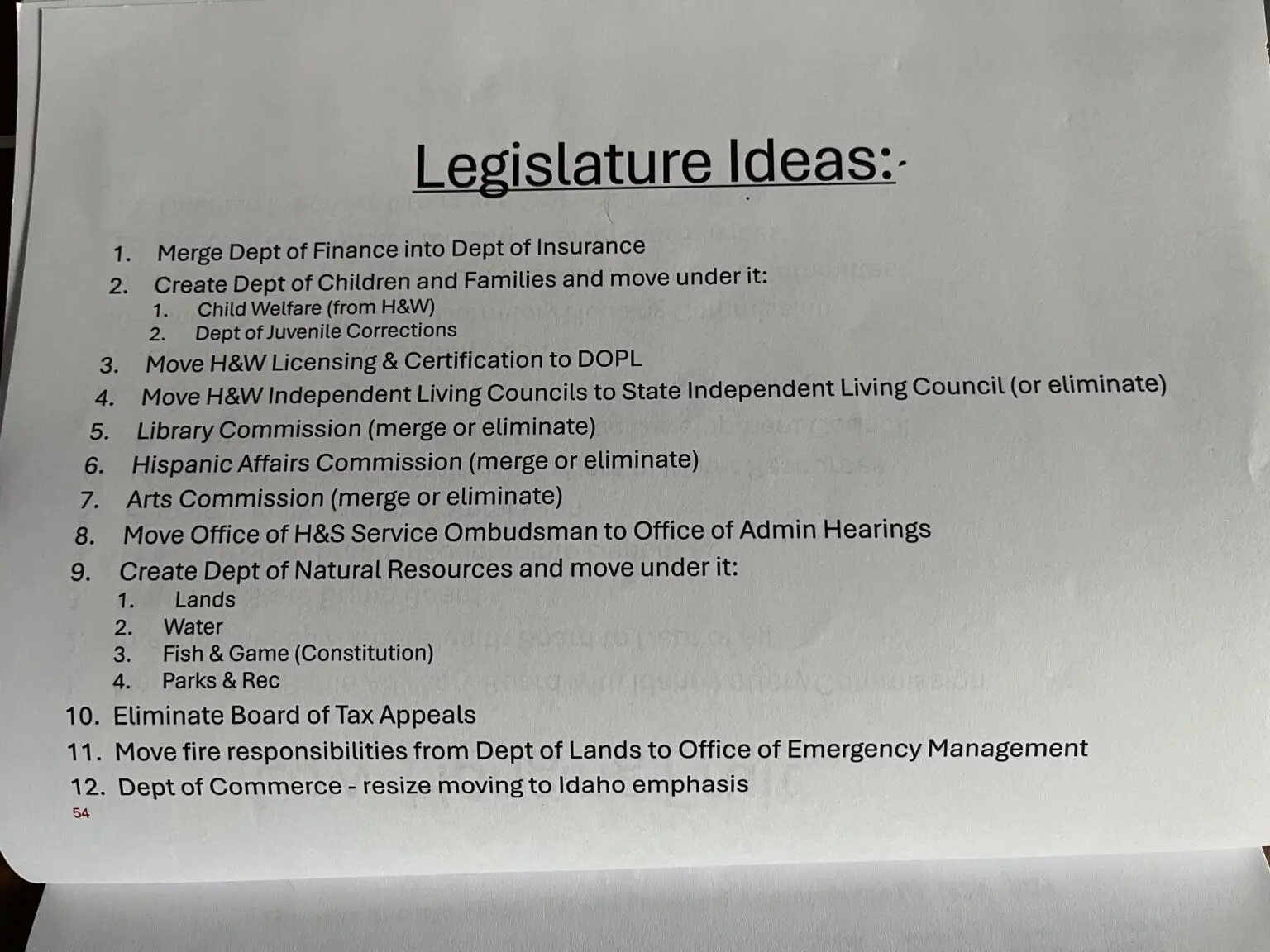 The Idaho DOGE Task Force presented the Joint Finance-Appropriations Committee with lists of government programs and agencies to consider cutting on Nov. 6, 2025. (List provided courtesy of Idaho DOGE Task Force/Idaho Legislative Services Office)