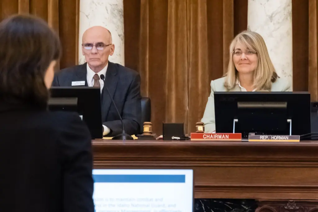 Idaho Legislature Budget and Policy Analyst France Lippett gives a presentation to the Joint Finance-Appropriations Committee at the State Capitol building on Jan. 23, 2024. JFAC co-chairs Sen. Scott Grow, R-Eagle, (center) and Rep. Wendy Horman, R-Idaho Falls (right) are leading the meeting. (Otto Kitsinger for Idaho Capital Sun)