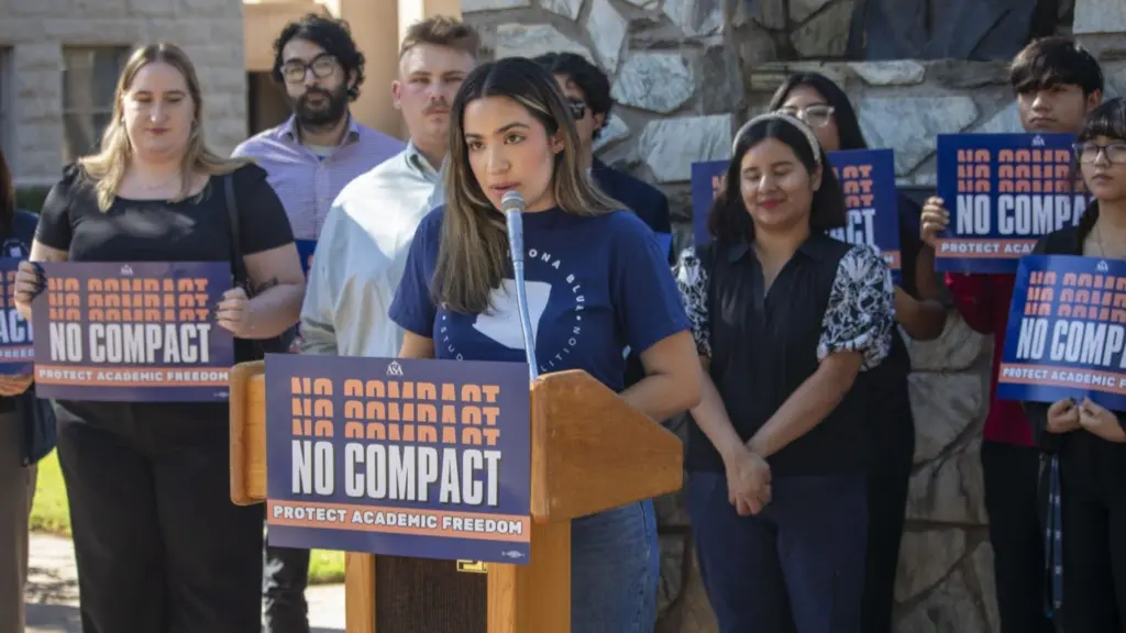 Jazmine García, a political fellow with the Keep Arizona Blue Coalition and student at Arizona State University studying political science, speaks to the press at a Nov. 7 , 2025, press conference in Phoenix about how the compact could impact the university’s academic independence. Photo by Jerod MacDonald-Evoy/Arizona Mirror