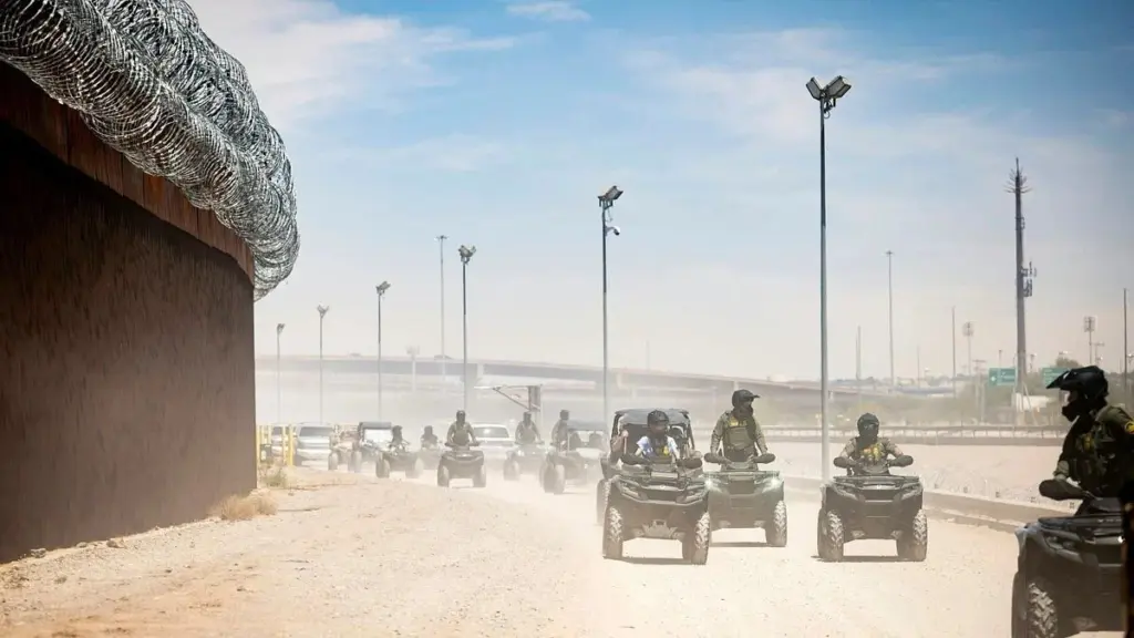 Homeland Security Secretary Kristi Noem rides an ATV along the U.S.-Mexico border wall in El Paso, Texas, on April 28, 2025. Photo: Tia Dufour / U.S. Department of Homeland Security / Public Domain