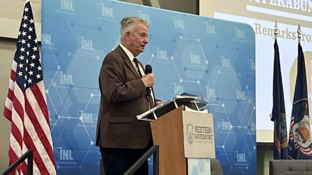 Idaho Gov. Brad Little speaks at the Western Governors’ Association’s Energy Superabundance conference Monday at Idaho National Laboratory in Idaho Falls. (Clark Corbin/Idaho Capital Sun)