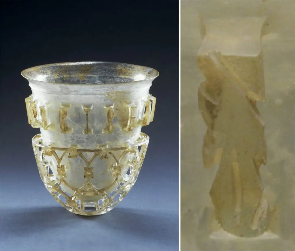 Glass openwork vessel excavated at Cologne dating to around 350–400 CE with an image of an inscription on the right. Inscription: BIBE MVLTIS ANNIS (Drink [may you live] for many years!) (photos courtesy of the State Collection of Antiquities and Glyptothek, Munich. Photos by Christa Koppermann).
