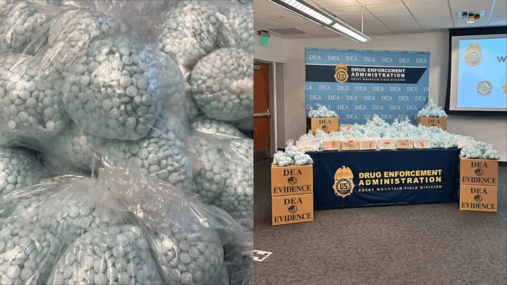 DEA agents seized approximately 1.7 million counterfeit fentanyl pills and 12 kilograms of fentanyl powder from a Highlands Ranch storage unit, marking the largest pill seizure in Colorado history. Photo Credit: Drug Enforcement Administration – Rocky Mountain Field Division