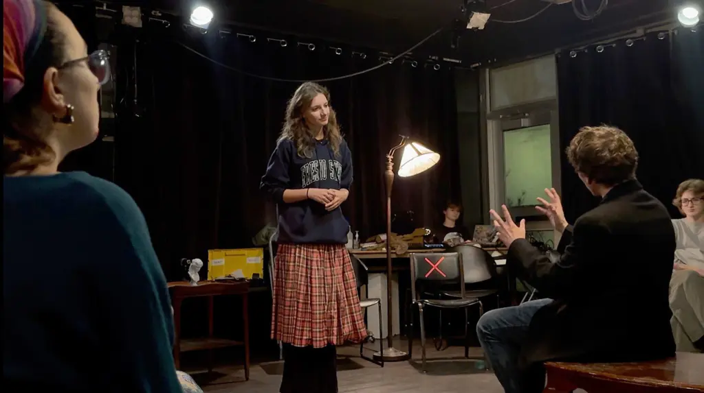 From left, Alejandra Wagnon, Kasey Coddington and Bryce Gowey rehearse for the Theatre Arts Department’s upcoming production of No Exit.