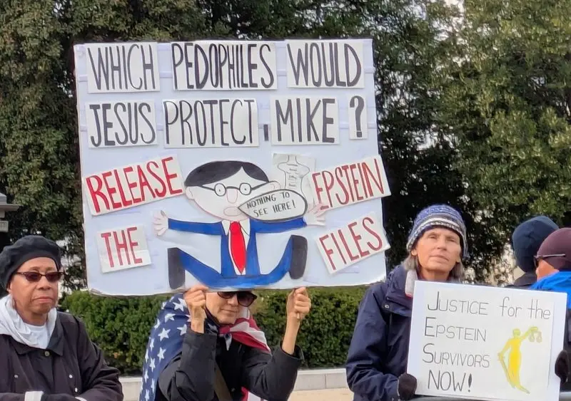 Robin Galbraith, 61, of Maryland, and Donna Powell, 67, of Washington, D.C., held signs outside the U.S. Capitol on Tuesday, Nov. 18, 2025, ahead of a U.S. House vote on releasing the Epstein files. (Photo by Ashley Murray/States Newsroom)