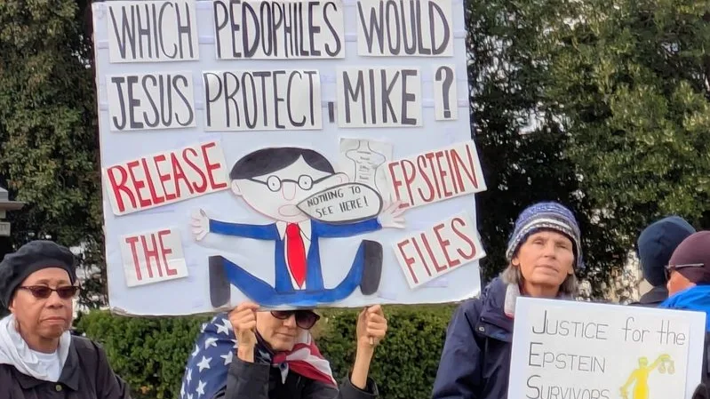 Robin Galbraith, 61, of Maryland, and Donna Powell, 67, of Washington, D.C., held signs outside the U.S. Capitol on Tuesday, Nov. 18, 2025, ahead of a U.S. House vote on releasing the Epstein files. (Photo by Ashley Murray/States Newsroom)