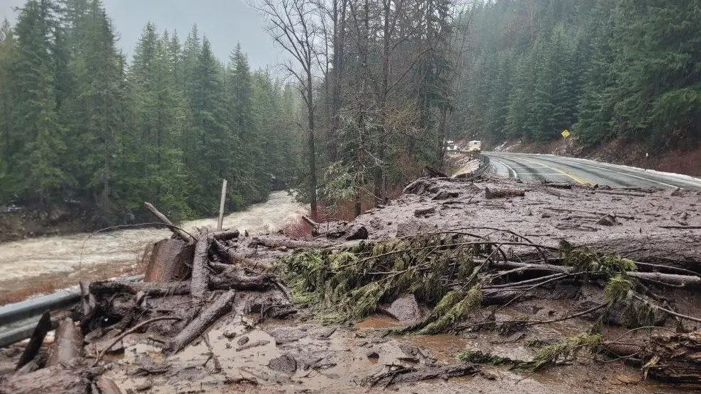 Slide damage at milepost 72 on U.S. 2, in a photo shared by the Washington State Department of Transportation on Dec. 11, 2025. (Photo courtesy of WSDOT)