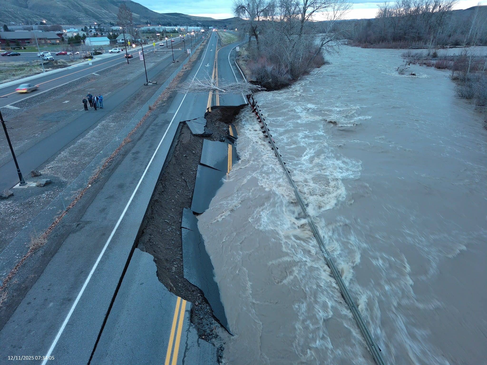 A section of U.S. 12 in Naches was washed out by the Naches River. The damage is shown in a photo shared by the Washington State Department of Transportation on Dec. 11, 2025. (Photo courtesy of WSDOT)