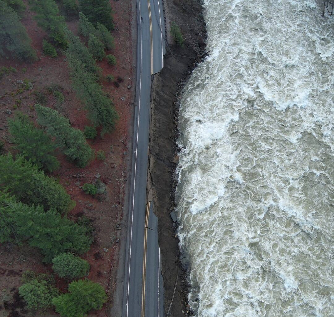 An overhead view of damage to U.S. 2 in Tumwater Canyon, in a photo shared by the Washington State Department of Transportation on Dec. 16, 2025. (Photo courtesy of WSDOT)