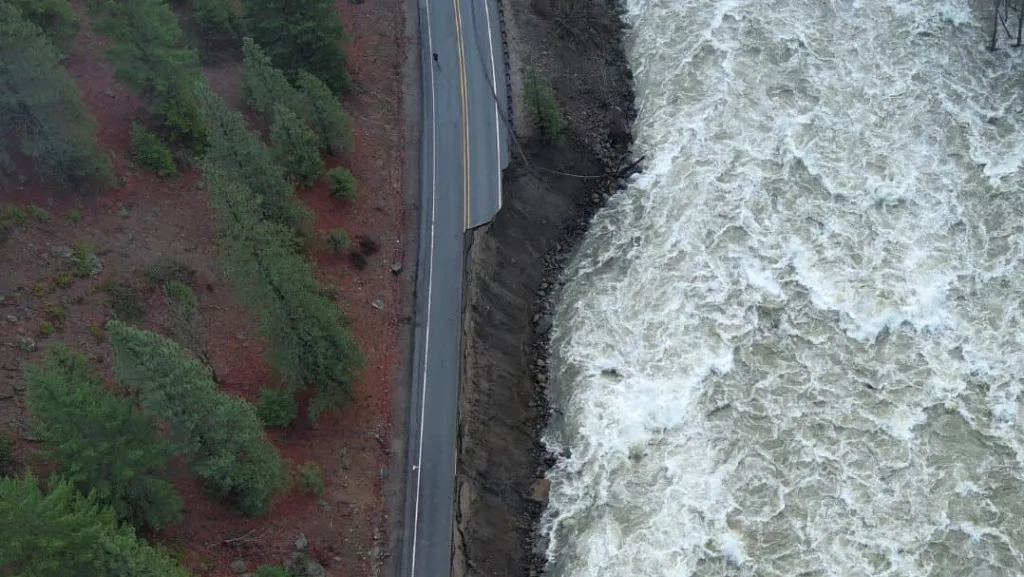 An overhead view of damage to U.S. 2 in Tumwater Canyon, in a photo shared by the Washington State Department of Transportation on Dec. 16, 2025. (Photo courtesy of WSDOT)