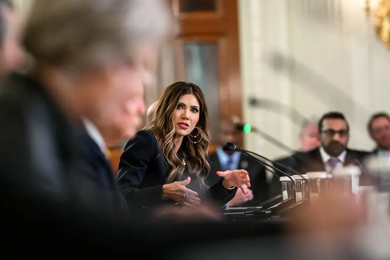 Secretary of Homeland Security Kristi Noem at a roundtable event launching the Homeland Security Task Force, Oct. 23, 2025. Photo: Molly Riley / Official White House Photo via Flickr / United States Government Work