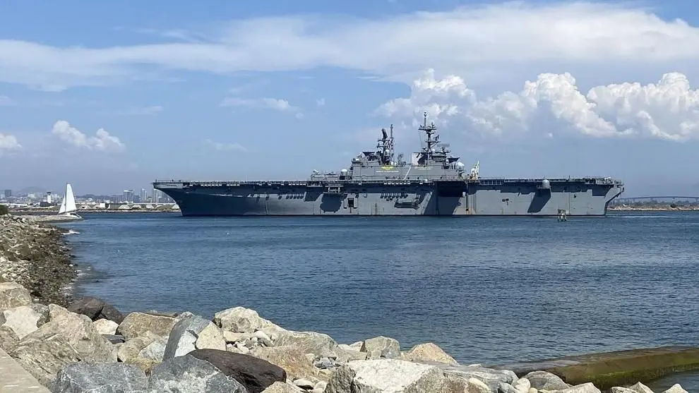 A Navy ship is docked near the shoreline. Photo: Sarah Roderick-Fitch / The Center Square