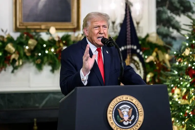 President Donald Trump addresses the nation, Wednesday, December 17, 2025, from the Diplomatic Reception Room of the White House. (Official White House Photo by Daniel Torok)