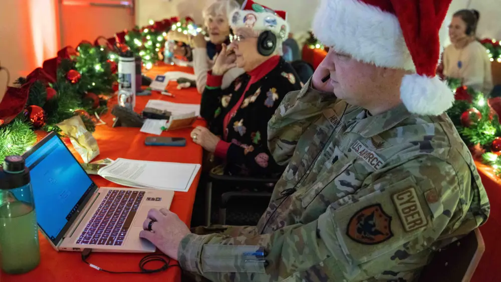 The North American Aerospace Defense Command tracks Santa, for the program's 69th year, in the NORAD Santa Operations Center at Peterson Space Force Base, Colo., Dec. 24, 2024. NORAD is a U.S. and Canada binational command charged with the missions of aerospace warning, aerospace control and maritime warning for North America.