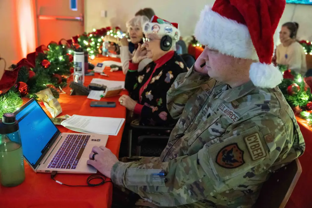 The North American Aerospace Defense Command tracks Santa, for the program's 69th year, in the NORAD Santa Operations Center at Peterson Space Force Base, Colo., Dec. 24, 2024. NORAD is a U.S. and Canada binational command charged with the missions of aerospace warning, aerospace control and maritime warning for North America.