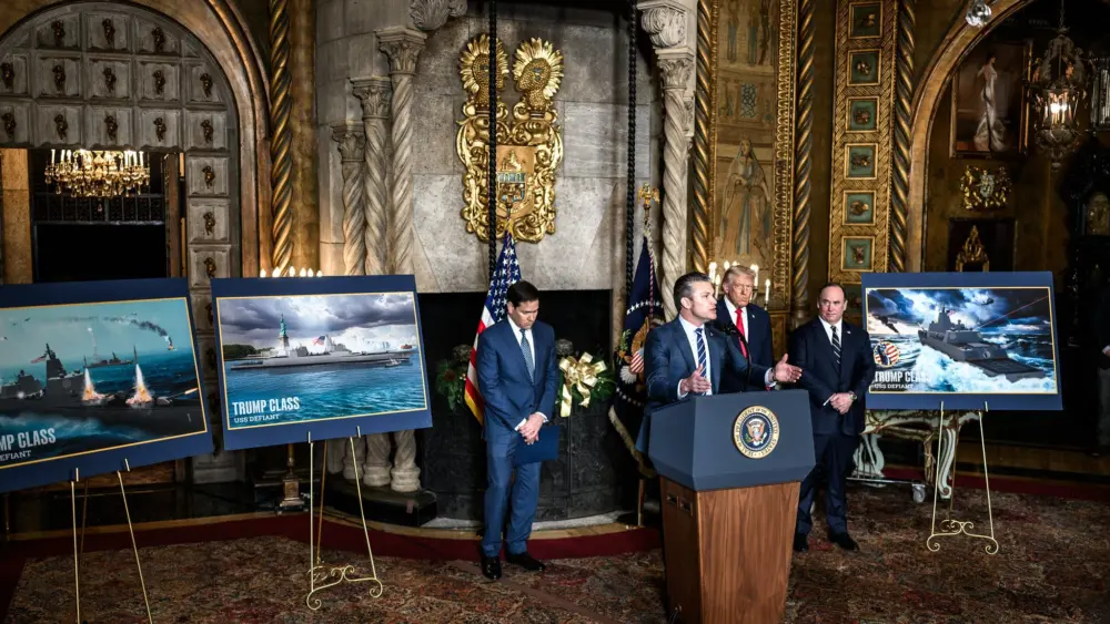 President Donald Trump, joined by Secretary of War Pete Hegseth, Secretary of State Marco Rubio, and Secretary of the Navy John Phelan, announces plans for a “Golden Fleet” of new U.S. Navy battleships, Monday, December 22, 2025, at the Mar-a-Lago Club in Palm Beach, Florida. (Official White House Photo by Daniel Torok)