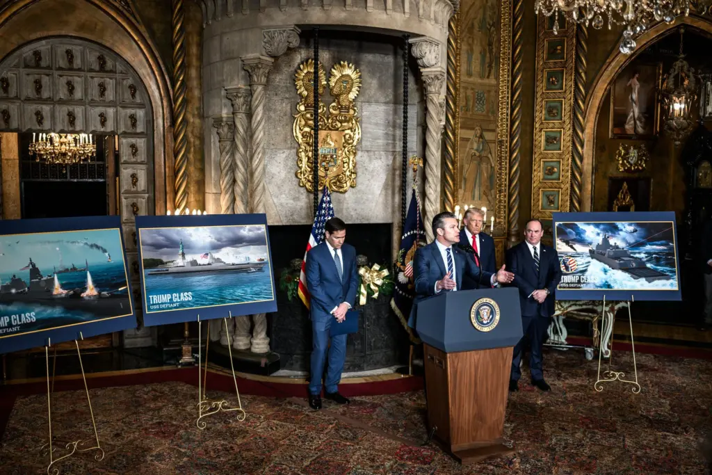 President Donald Trump, joined by Secretary of War Pete Hegseth, Secretary of State Marco Rubio, and Secretary of the Navy John Phelan, announces plans for a “Golden Fleet” of new U.S. Navy battleships, Monday, December 22, 2025, at the Mar-a-Lago Club in Palm Beach, Florida. (Official White House Photo by Daniel Torok)