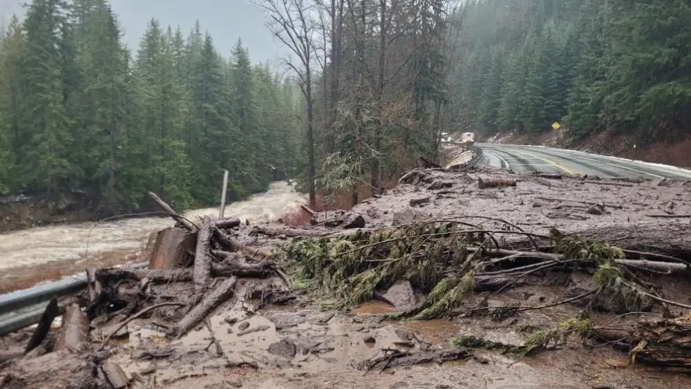 Slide damage along U.S. Highway 2, near milepost 72, following December flooding and storms. (Photo courtesy of Washington State Department of Transportation)