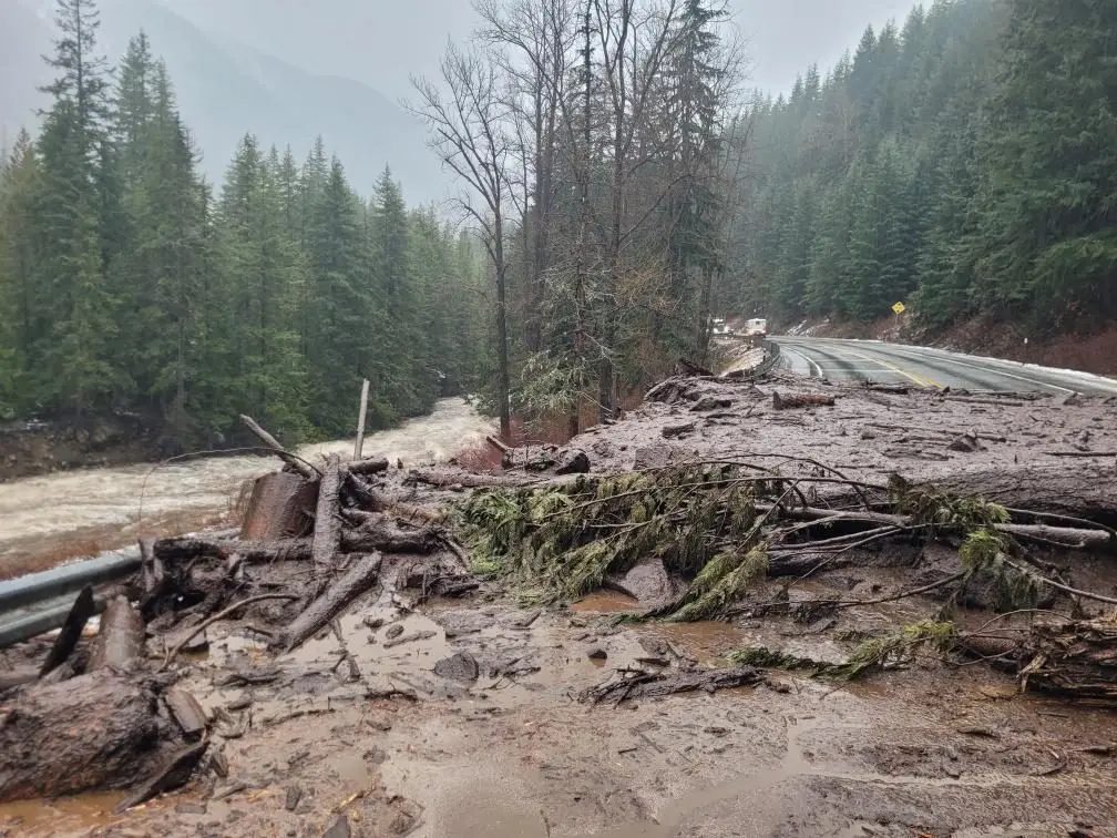 Slide damage along U.S. Highway 2, near milepost 72, following December flooding and storms. (Photo courtesy of Washington State Department of Transportation)