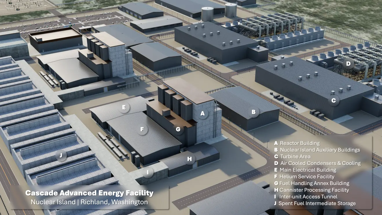 A rendering released last year of the Cascade Advanced Energy Facility, which could end up being the first small modular reactor facility in the Pacific Northwest. (Image courtesy of Energy Northwest)