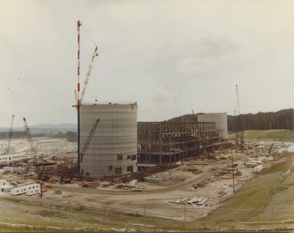 Construction at the Satsop Nuclear Power Plant took place in the late 1970s and early 1980s, as seen here. But the Washington Public Power Supply System project was never completed. The nuclear power technology companies are pressing ahead with today is much different than the fission reactors of decades past. (Photo courtesy of Washington State Historical Society)