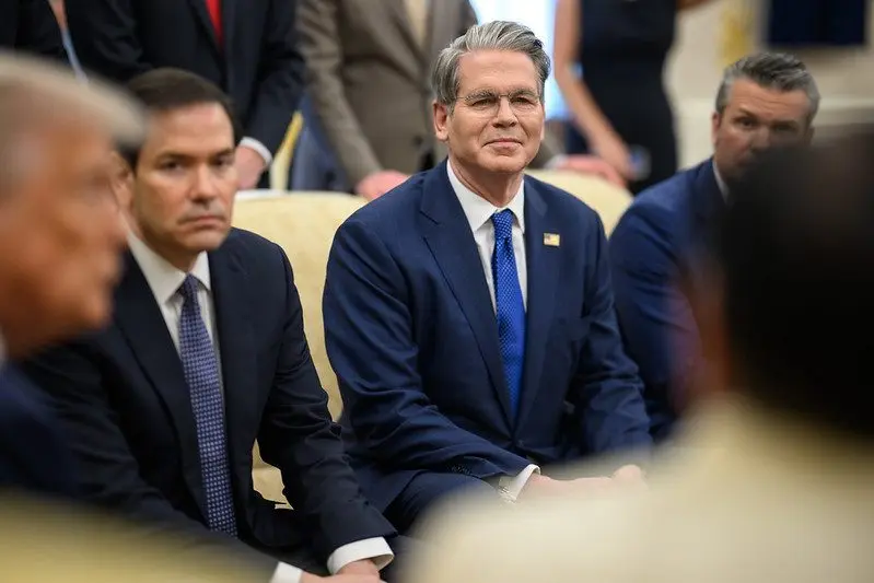 Secretary of the Treasury Scott Bessent looks on as President Donald Trump and President Ferdinand Marcos Jr. of the Philippines participate in a bilateral meeting, Tuesday, July 22, 2025, in the Oval Office. (Official White House Photo by Daniel Torok)