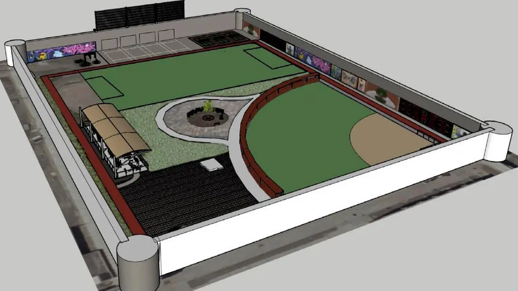 Roney’s design for the prison yard focuses on creating adaptable spaces that balance security, rehabilitation, and well-being. It integrates modular green spaces, multifunctional seating, and flexible activity zones that can be adjusted to accommodate various incarcerated programs (illustration courtesy of Ella Roney).