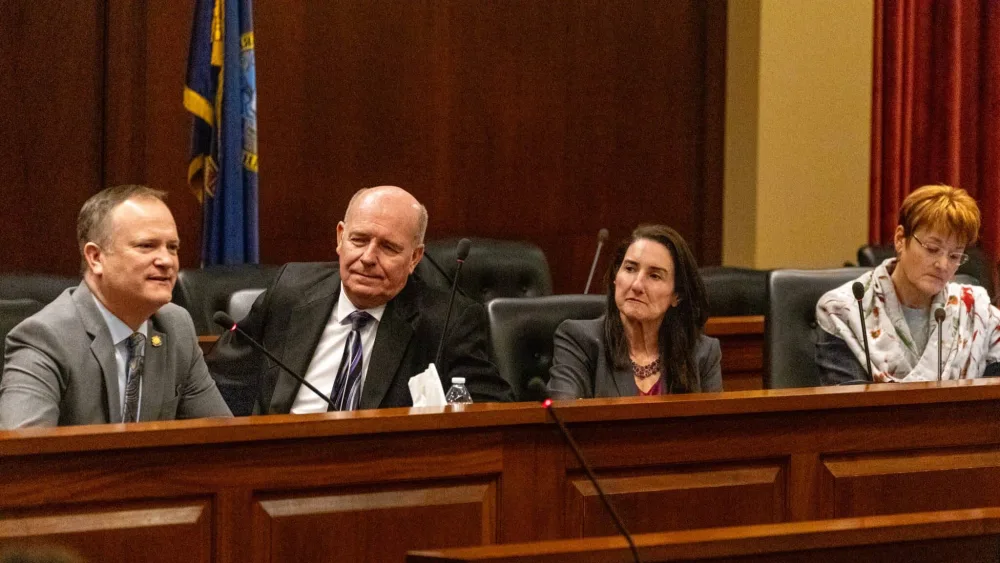Idaho Republican and Democratic legislative leaders speak to reporters at a legislative preview on Jan. 8, 2026. From left to right: Republican Senate President Pro Tempore Kelly Anthon, Republican House Speaker Mike Moyle, Democratic House Minority Leader Ilana Rubel, and Democratic Senate Minority Leader Melissa Wintrow. (Photo by Kyle Pfannenstiel/Idaho Capital Sun)