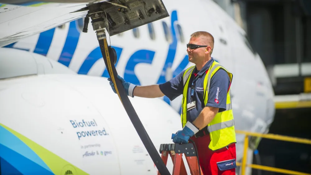 Airlines around the world have conducted demonstration flights using biofuel blends for more than a decade. But alternatives to fossil jet fuel currently account for less than 1% of all jet fuel dispensed. (Photo courtesy of Alaska Air Group)