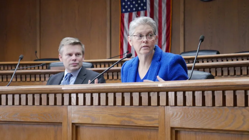 Washington House Speaker Laurie Jinkins, D-Tacoma, speaks during an event previewing the 2026 legislative session, alongside Senate Majority Leader Jamie Pedersen, D-Tacoma, on Friday, Jan. 9, 2025, in Olympia. (Photo by Bill Lucia/Washington State Standard)