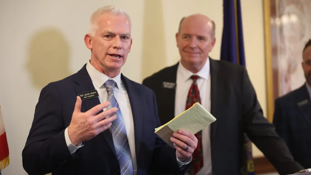 House Assistant Majority Leader Jason Monks, R-Meridian, speaks to reporters at a post-State of the State Address press conference on Jan. 12, 2026, at the Idaho Capitol in Boise. Also pictured is Idaho House Speaker Mike Moyle, R-Star. (Photo by Pat Sutphin for the Idaho Capital Sun)