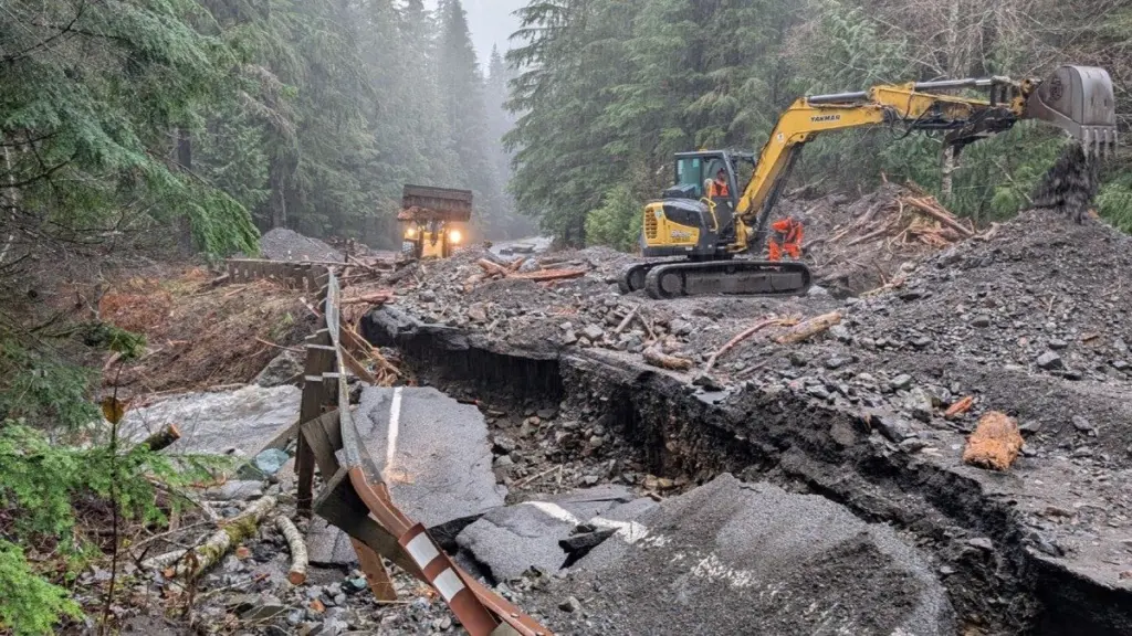 A damaged section of State Route 542 between mileposts 43 and 45 east of Glacier after flooding from an atmospheric river in December 2025. (Photo courtesy of Washington State Department of Transportation)