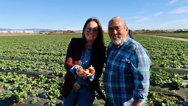 Secretary Rollins and former California Ag Secretary A.G. Kawamura at his strawberry farm in Irving, California.