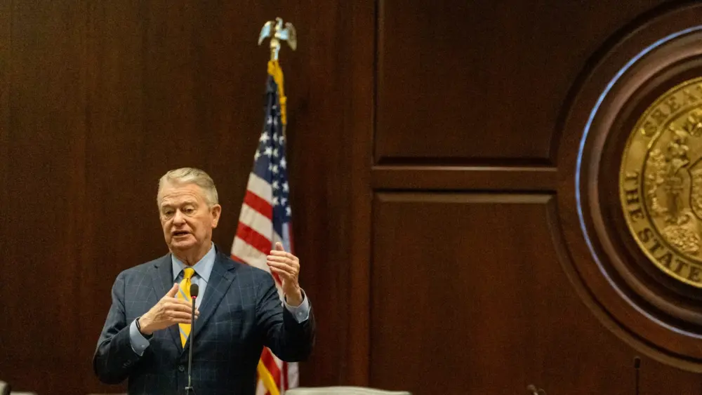 Gov. Brad Little speaks to reporters at a legislative preview hosted by the Idaho Press Club on Jan. 8, 2026, in the Idaho State Capitol. (Photo by Kyle Pfannenstiel/Idaho Capital Sun)