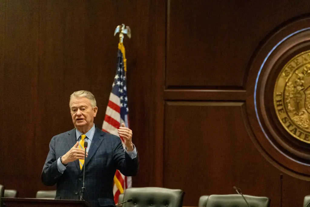 Gov. Brad Little speaks to reporters at a legislative preview hosted by the Idaho Press Club on Jan. 8, 2026, in the Idaho State Capitol. (Photo by Kyle Pfannenstiel/Idaho Capital Sun)