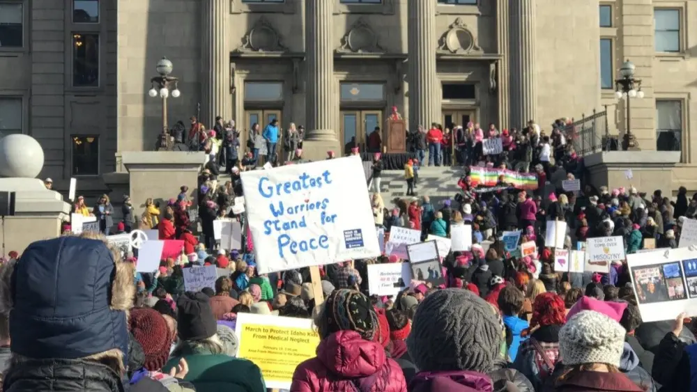 Demonstrators gather at the Idaho State Capitol for the 2018 Idaho Women’s March. (Photo by Christina Lords/Idaho Capital Sun)