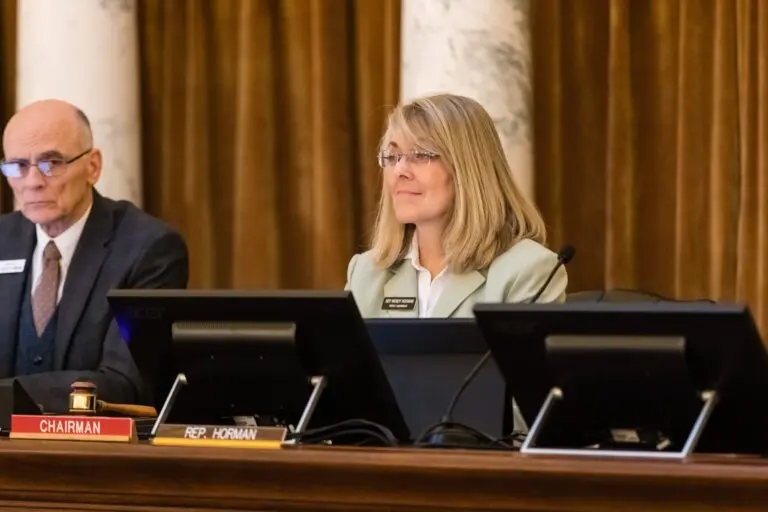 Sen. C. Scott Grow, R-Eagle, and former Rep. Wendy Horman preside over a 2024 Joint Finance-Appropriations Committee meeting. (Otto Kitsinger for Idaho Capital Sun)