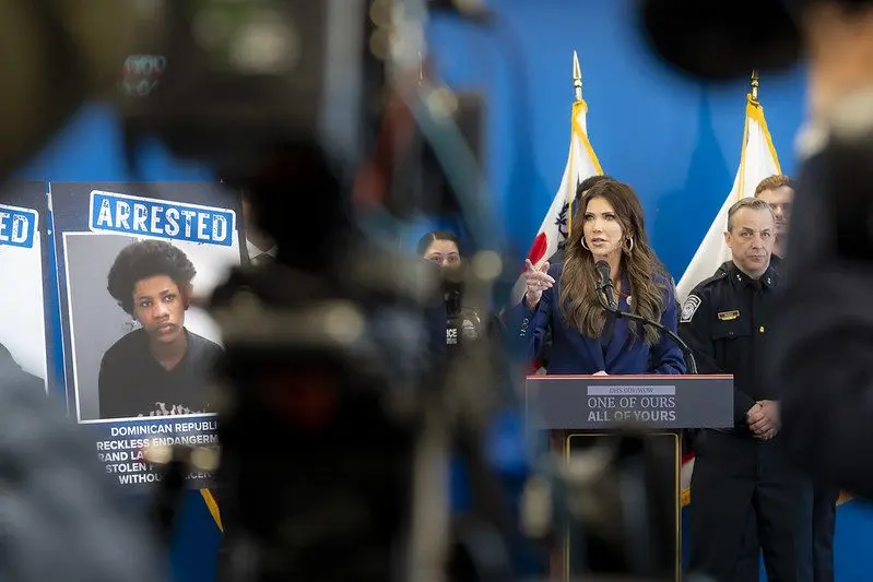 Secretary of Homeland Security Kristi Noem speaks during a press conference at One World Trade Center in New York City, Jan. 8, 2026. (DHS photo by Tia Dufour)