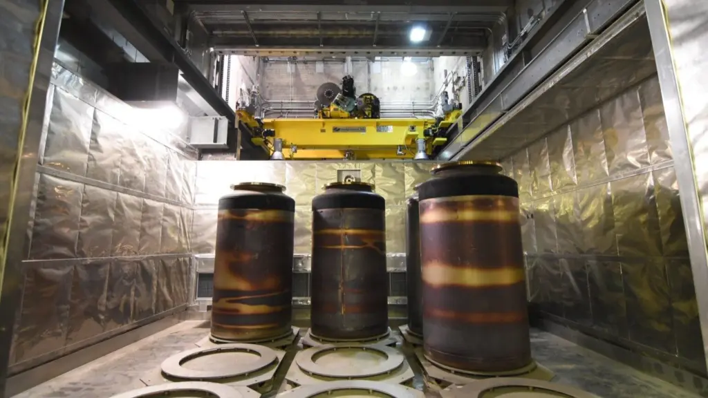 Stainless steel containers for waste in the low-activity waste facility at the Hanford site. (Photo courtesy of U.S. Department of Energy/Bechtel)