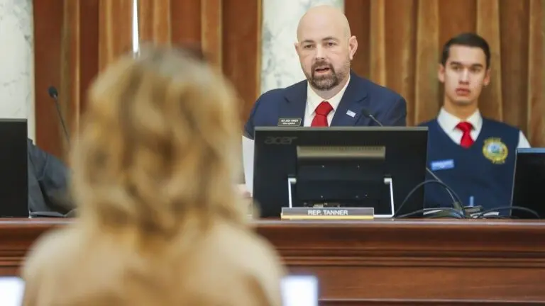 Joint Finance-Appropriations Committee co-chairman Josh Tanner, R-Eagle, asks a question of Division of Financial Management Administrator Lori Wolff during the committee’s first meeting of the legislative session on Jan. 13, 2026, at the State Capitol Building in Boise. (Photo by Pat Sutphin for the Idaho Capital Sun)