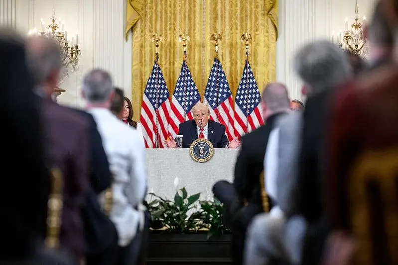 President Donald Trump delivers remarks alongside Secretary of Agriculture Brooke Rollins, HHS Secretary Robert F. Kennedy, Jr., and CMMS Administrator Dr. Mehmet Oz during a Rural Health Transformation Event in the East Room of the White House, Friday, January 16, 2026. (Official White House Photo by Joyce N. Boghosian)