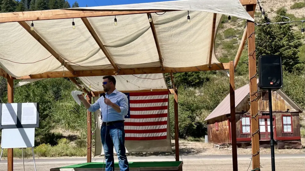 Idaho state Sen. Ben Adams, R-Nampa, introduces a proposed amendment to the Idaho Constitution that prevents the state from selling future public lands it obtains from the federal government. (Clark Corbin/Idaho Capital Sun)