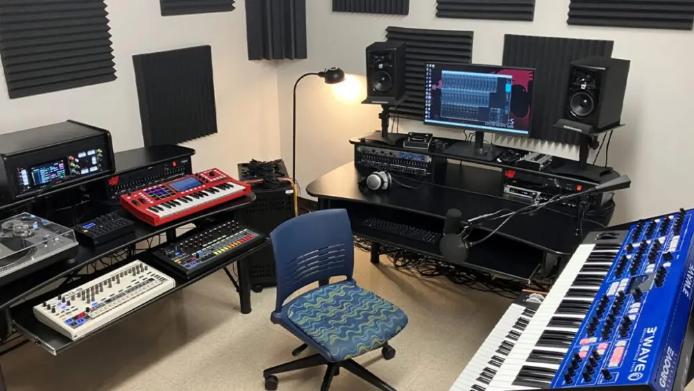 WSU Libraries’ latest digital media creation space, the Synth Lab, opens to patrons Jan. 22, in Holland Library’s Dimensions Lab on the first floor. The reservable lab for using electronic music production equipment is available to all Pullman students, faculty, and staff (photo courtesy of Jason Anderson).