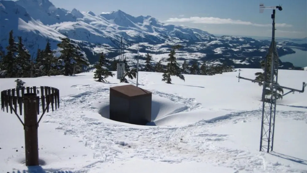 A snow monitoring station on Mount Eyak, above the coastal town of Cordova, Alaska. (Photo by Daniel Fisher/USDA)