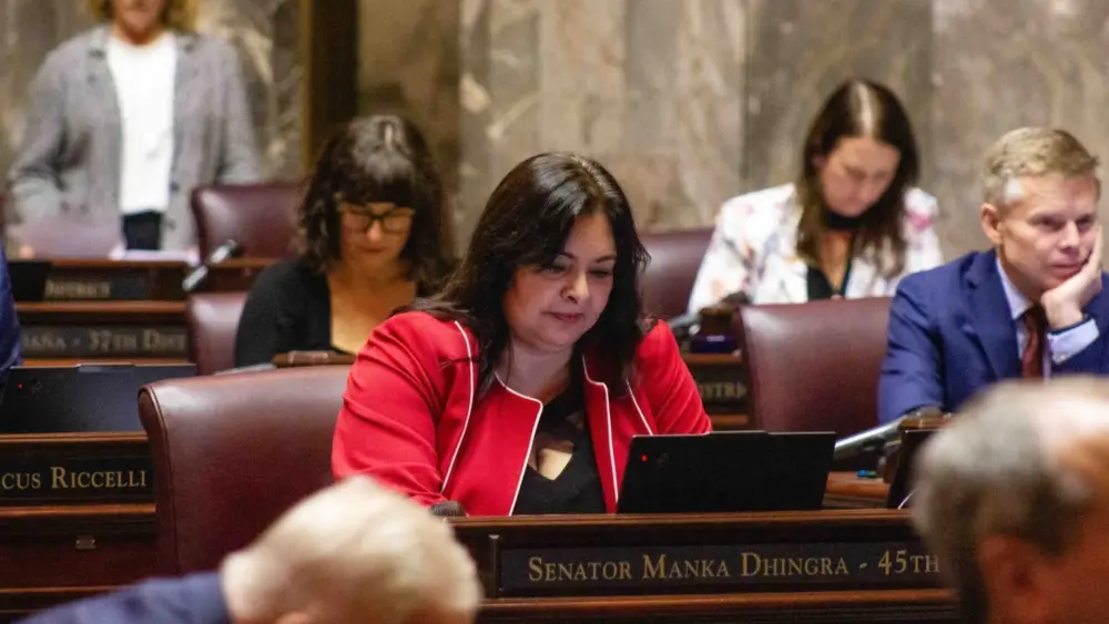 Sen. Manka Dhingra, D-Redmond, on the Senate floor on the first day of the 2026 legislative session. (Photo by Jacquelyn Jimenez Romero/Washington State Standard)