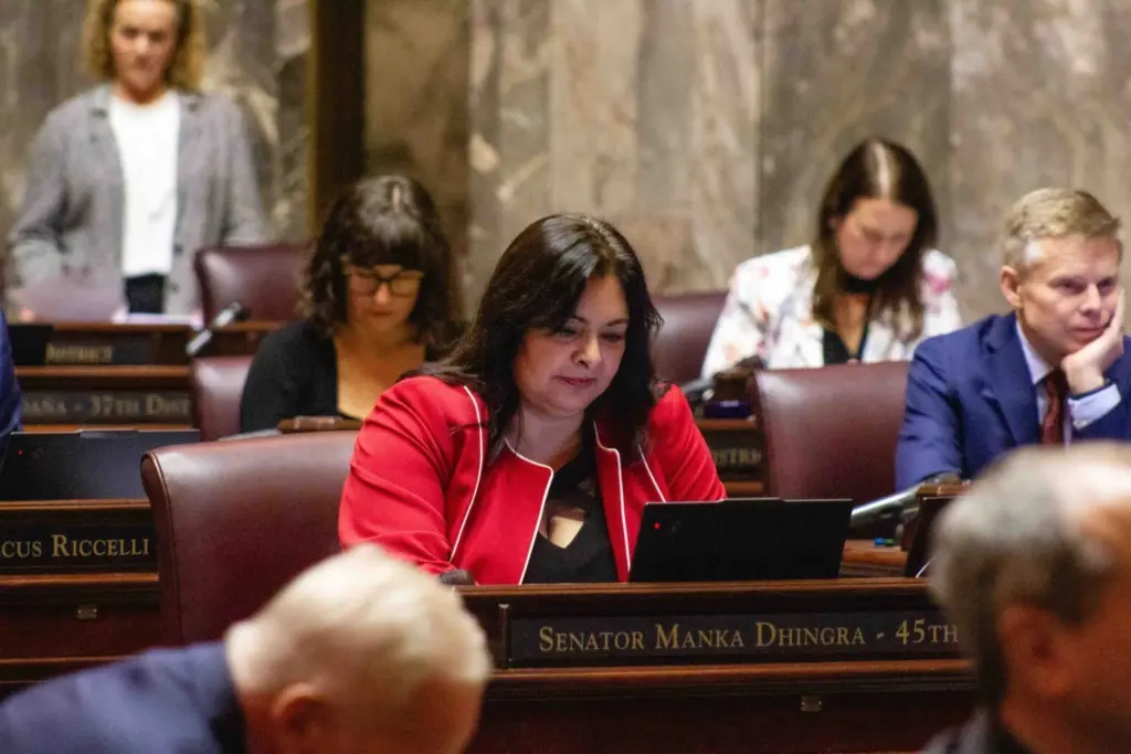 Sen. Manka Dhingra, D-Redmond, on the Senate floor on the first day of the 2026 legislative session. (Photo by Jacquelyn Jimenez Romero/Washington State Standard)