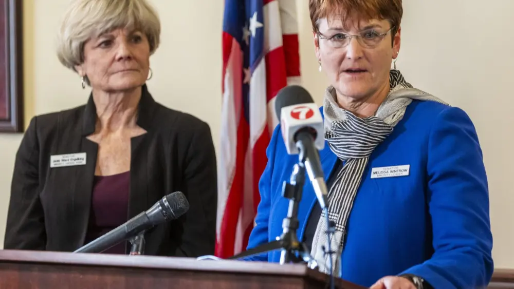 Idaho Senate Minority Leader Melissa Wintrow, D-Boise, (right) and Minority Caucus Chairwoman Janie Ward-Engelking, D-Boise, respond to questions at an Idaho Democratic Caucus press conference on Jan. 6, 2025, at the Statehouse in Boise. (Pat Sutphin for the Idaho Capital Sun)