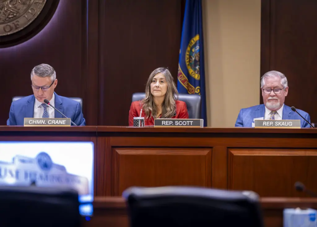 Idaho state Rep. Heather Scott, R-Blanchard, listens to a presentation during the House State Affairs Committee on Jan. 7, 2025, at the State Capitol Building in Boise. (Pat Sutphin for the Idaho Capital Sun)