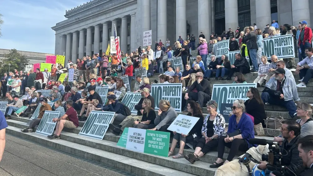 April 15, 2025 anti tax rally on steps on capitol in Olympia, WA. Photo by Carleen Johnson